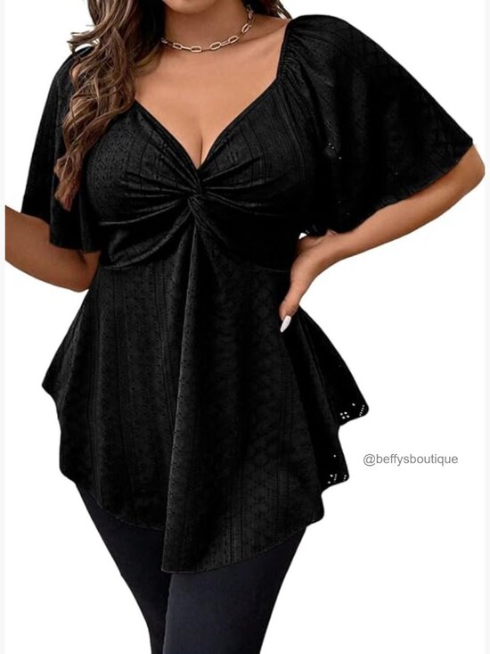 Tops - Plus Size V Neck Twist Front Eyelet Embroidery Blouse Short Sleeve